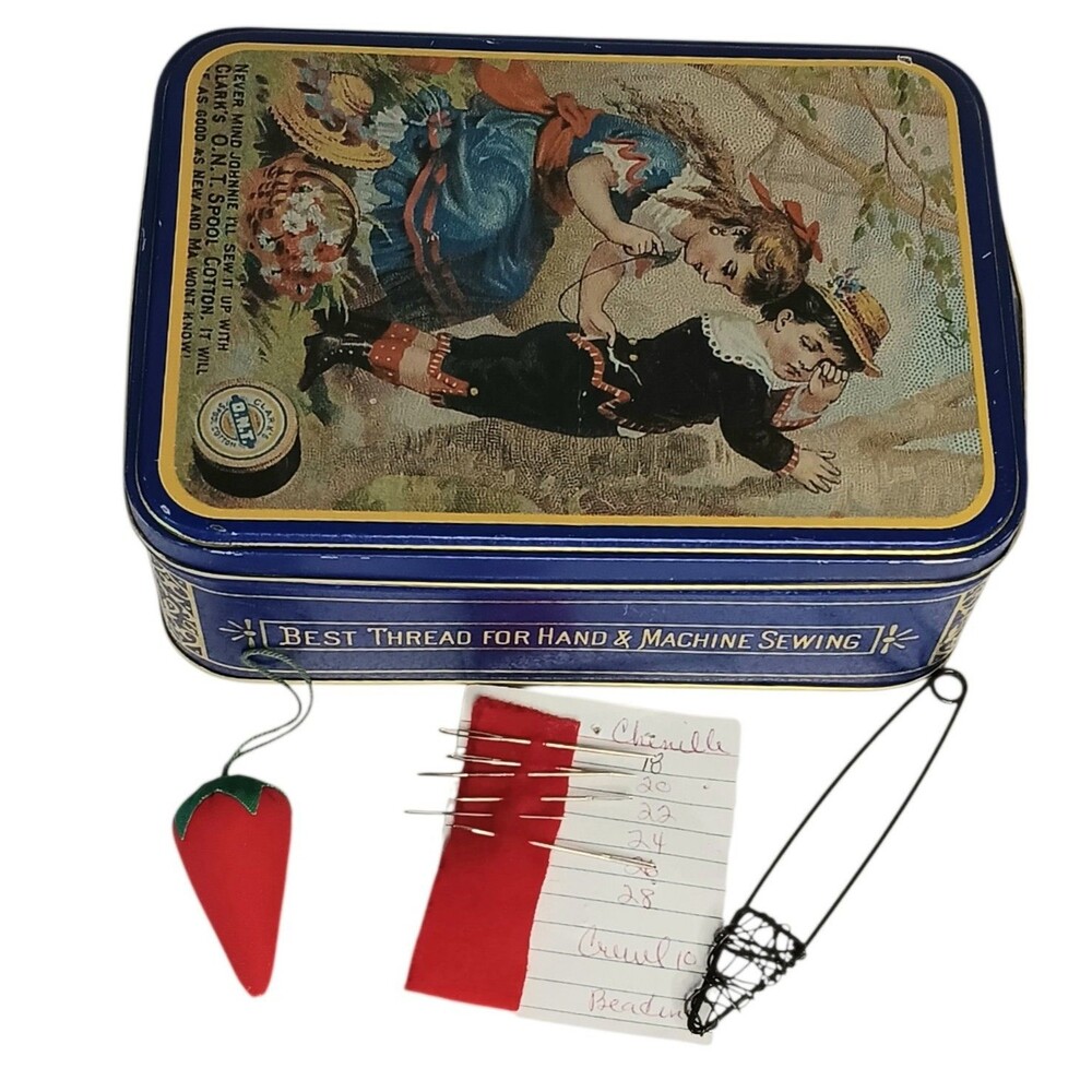 VTG Sewing Tin W/ Fabric Interior Needles Strawberry Cushion Large Safety Pin
